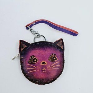 Kitty Cat Face Keychain Wristlet Coin Purse Wallet Purple Leather Cheshire Boho
